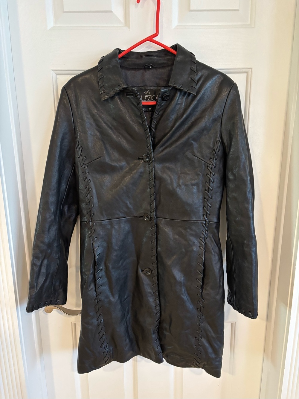 100% Italian Leather Button-Front Braided-Trim Jacket Ultra Soft Black Leather